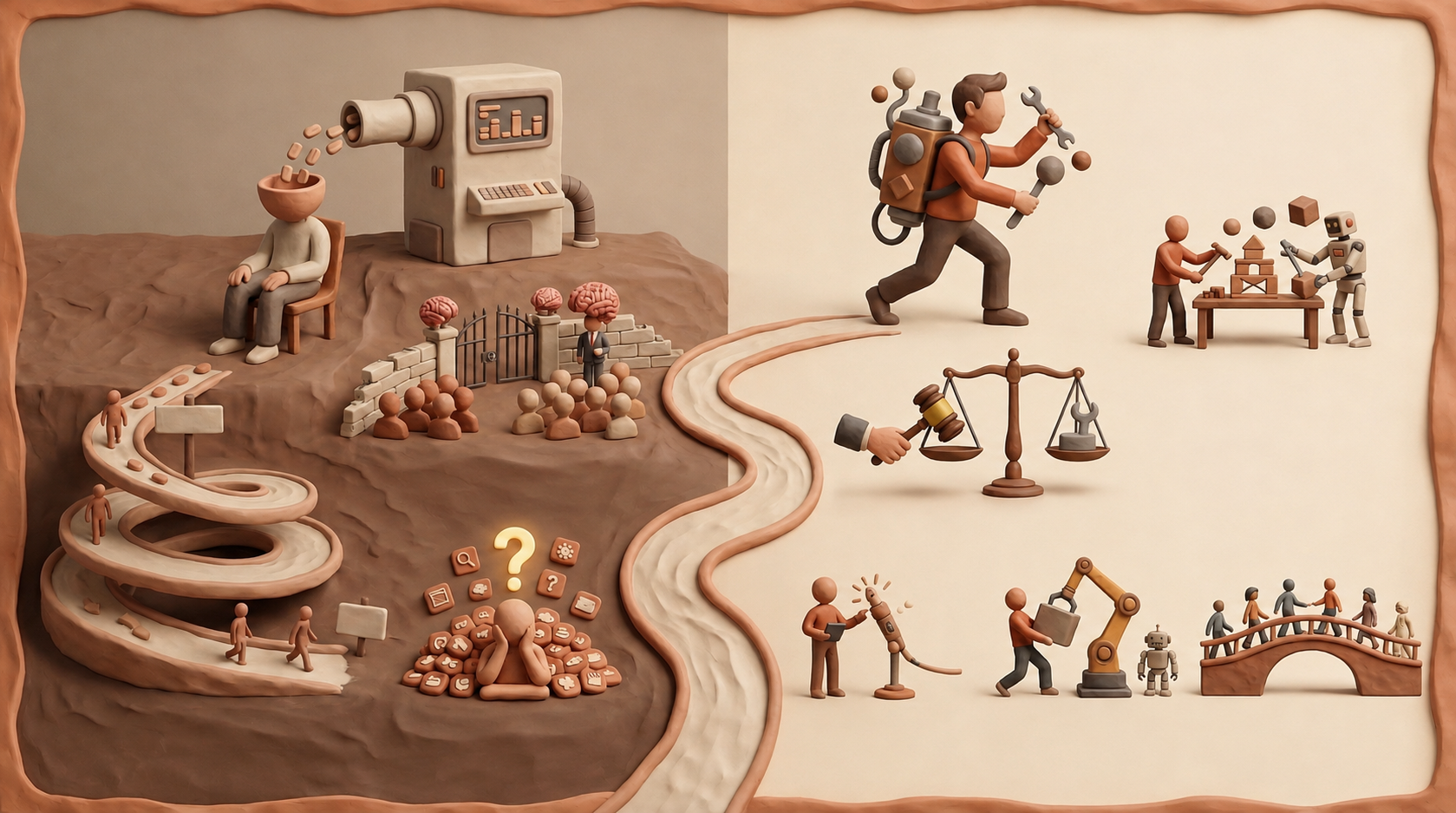 Opera Fabula Tabula in claymation, priva delle targhe testuali: a sinistra la pigrizia cognitiva, a destra l'intelligenza aumentata.